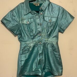 Girls' Metallic Teal Short Sleeve Romper